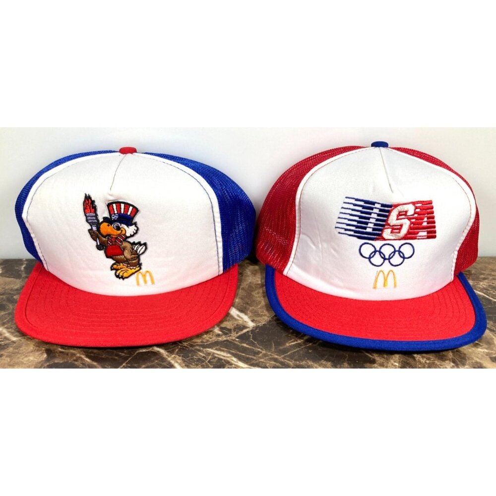 1984 USA Olympics McDonalds Sam The Eagle Snapback Mesh Trucker Hat Lot 2 NWOT